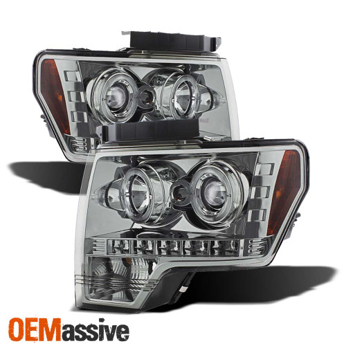 Fits 09-14 Ford F150 Smoke Dual Halo LED Projector Headlights Halogen Model