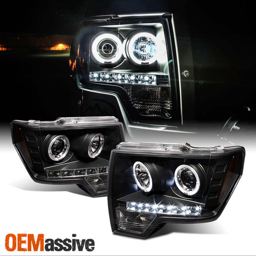 Fits 09-14 Ford F150 F-150 Pickup Black Bezel Dual Halo LED Projector Headlights