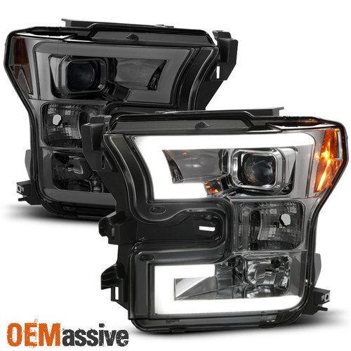 Fits 2015-2017 Ford F150 F-150 Smoked DRL LED Light Tube Projector Headlights