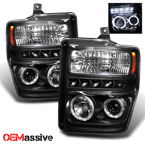 Fits 08-10 F-Series SuperDuty Pickup Truck Black Halo LED Projector Headlights