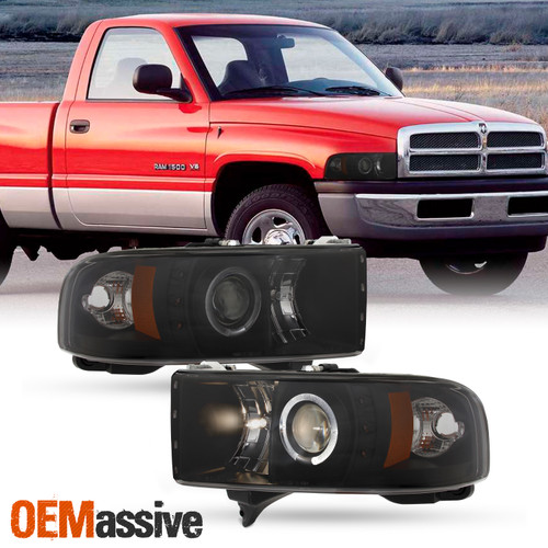 Fits 94-01 Ram 1500 94-02 Ram 2500/3500 Black Smoke Halo Projector LED Headlight
