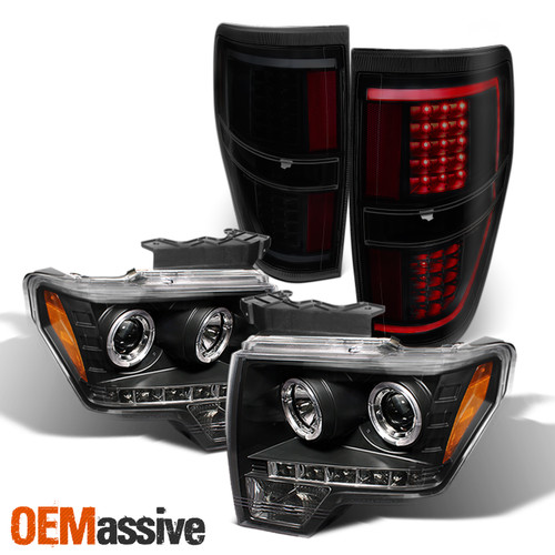 For 09-14 Ford F150 Dual Halo Projector Black Headlights + LED Smoke Tail Lamp