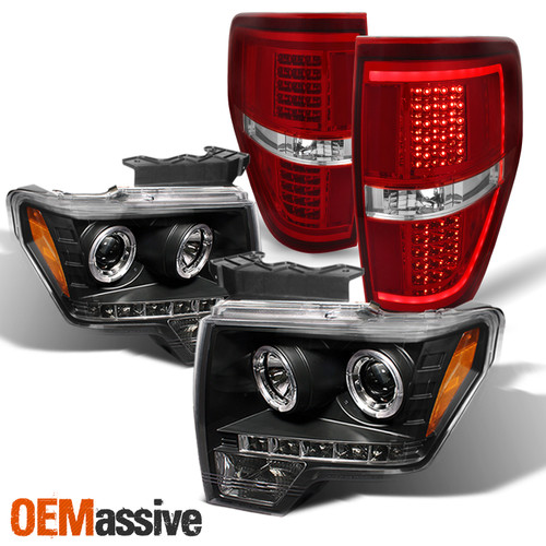 For 09-14 F150 Dual Halo Projector Black Headlights+ LED Light Bar Red Tail Lamp