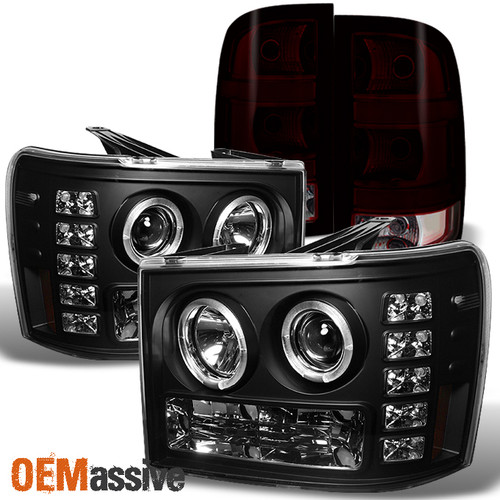 Fits 2007-2013 GMC Sierra Halo LED Black Headlights + Red Smoked Tail Lights
