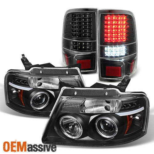 For 04-08 Ford F150 Black Halo Projector LED Headlights + Full LED Tail Lights