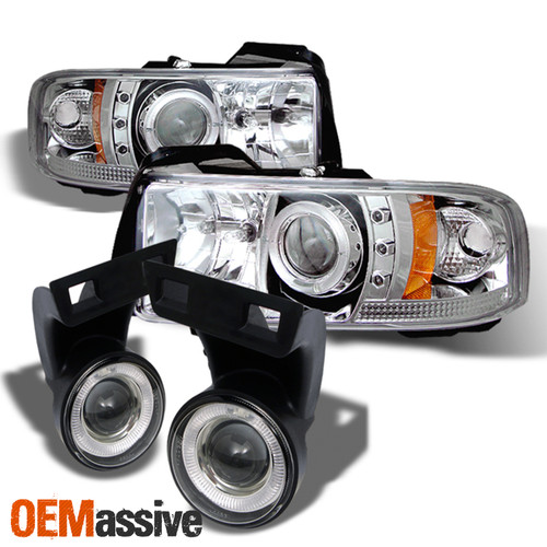 Fit 94-01 Ram 1500 94-02 2500/3500 Chrome Halo Projector LED Headlight+Fog Lamp