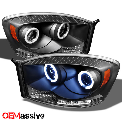 Fits 06-08 Dodge Ram Pickup Truck Black Bezel CCFL Halo LED Projector Headlights