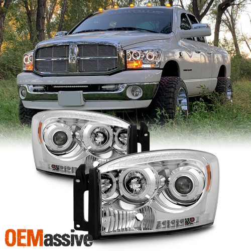 Fits 06-08 Ram 1500 06-09 Ram 2500/3500 Clear Halo Projector LED Headlights Lamp
