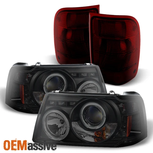 Fits 01-05 Ranger LED Halo Black Smoked 1PC Headlights + Red Smoked Tail Lights