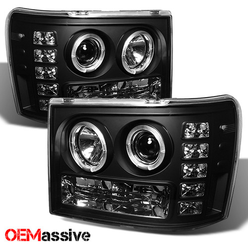 Fits 07-13 GMC Sierra 1500/2500/3500 Black Dual Halo LED Projector Headlights