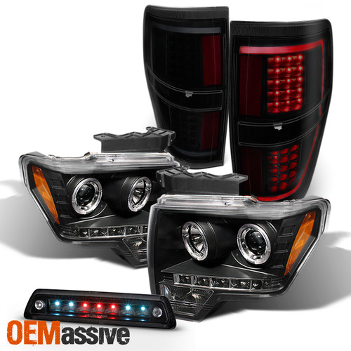 Black For 2009-14 F-150 Dual Halo Projector Headlights&3rd Brake+ LED Tail Light