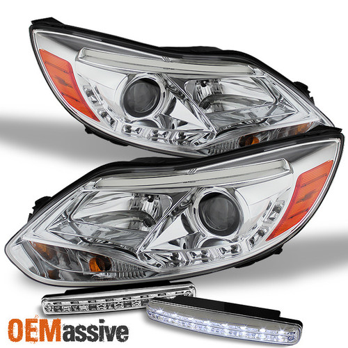 Fits 12-14 Focus LED Strip Projector Chrome Headlights + DRL LED Running Lights