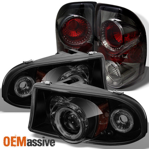 Fits 97-04 Dodge Dakota Black Smoke Dual Halo Projector LED Headlight+Tail Light