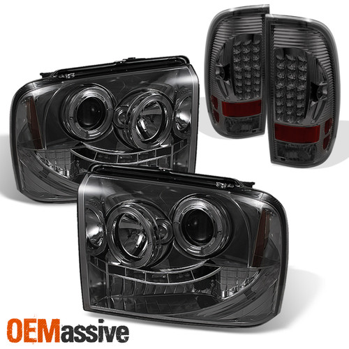For 05-07 F250/F350/F450 SuperDuty Smoke Halo LED Projector Headlights+LED Tail