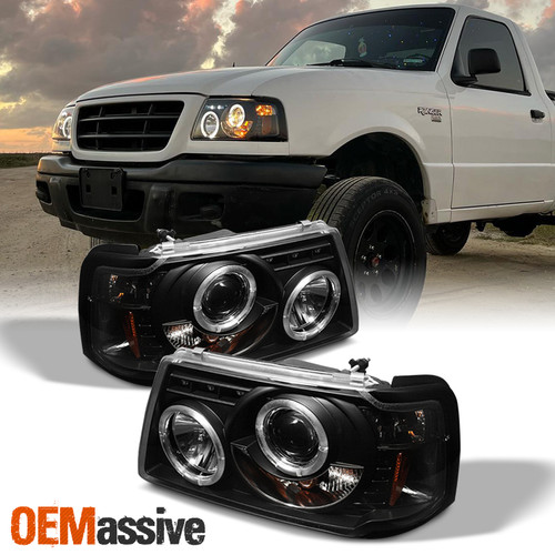 Fits 2001-2012 Ford Ranger Pickup Truck 1pc Black Bezel Halo Projector Headlight