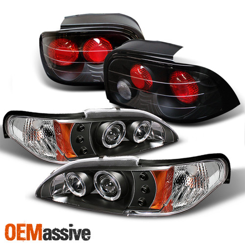 Fits 94-95 Mustang 1Pc Dual Halo Projector LED Black Headlights + Tail Lamp Set