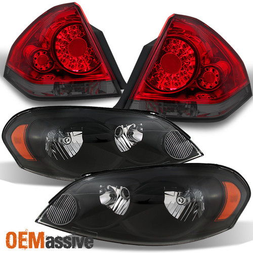 Fits 06-13 Impala Black Headlights + Red Smoke LED Tail Lights Combo Replacement