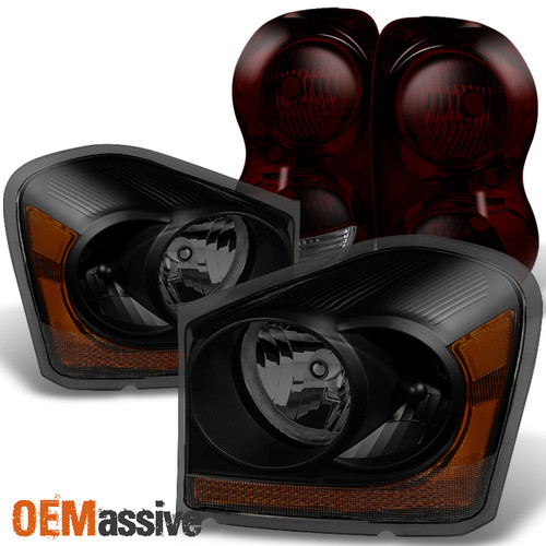 Pair Headlights+Red Smoked Tail Lamps For 2004-2006 Dodge Durango Black Smoked