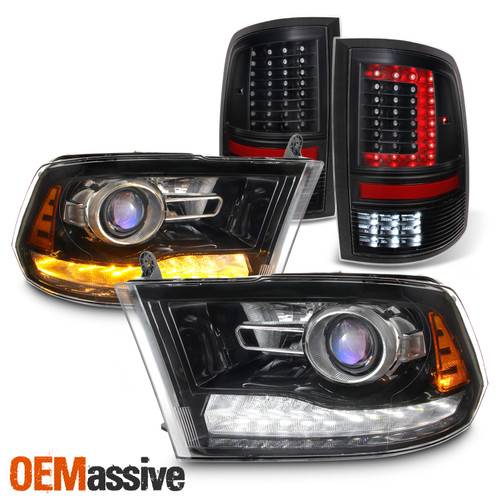 Fit 09-18 Dodge Ram Black LED DRL Projector Headlight + LED Black Taillights Set