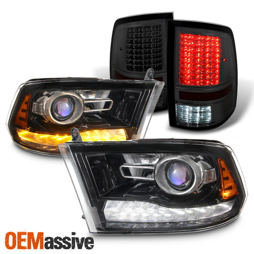 Fit 09-18 Ram Black LED DRL Projector Headlight + LED Rear Smoke Tail Lights