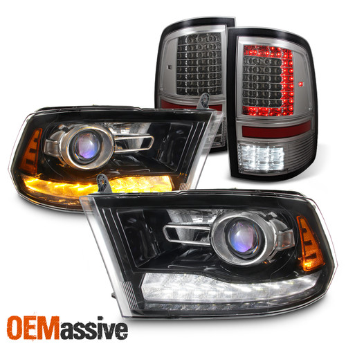 Fit 09-18 Ram Black LED DRL Projector Headlight + LED Upgraded Smoke Tail Lights