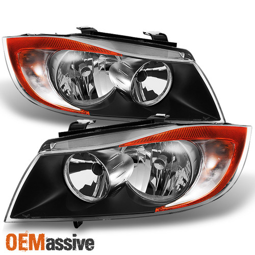 Fit 06-08 BMW 3 Series E90 Halogen Type Black Headlights Replacement L+R