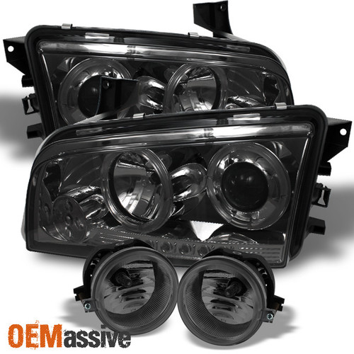 Fits Smoked 05-10 Charger Halo Projector LED Headlights+Fog Lamps W/Switch+Bulbs
