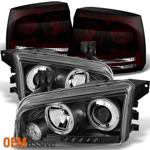 For 06-08 Dodge Charger Black Halo Projector Headlights + Red Smoked Tail Lights