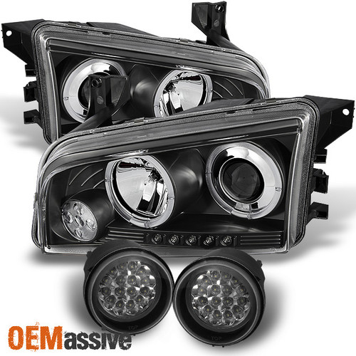 Fits 06-10 Charger Halo Projector Black Headlights + Full LED Fog Lamps W/Switch