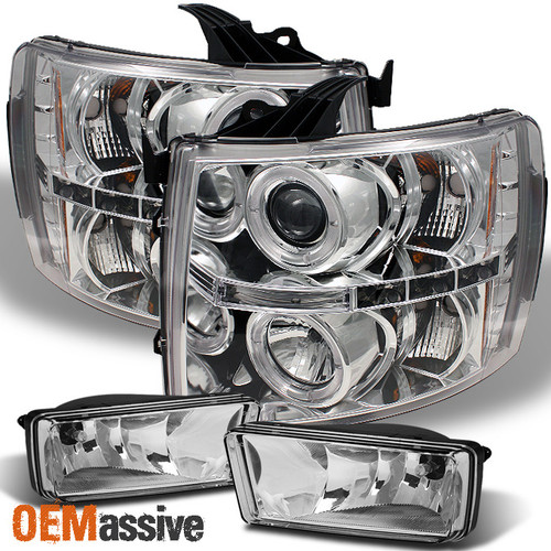 Fits 07-13 Silverado Halo Projector LED Headlights+Clear Fog Lights Lamp W/Bulbs