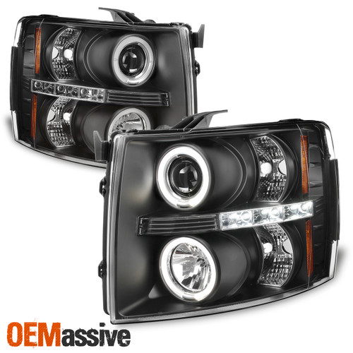 Fits 07-14 Silverado Pickup Truck Black Bezel Dual Halo Projector Headlights