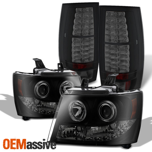 For 07-14 Tahoe Suburban Halo Projector Headlights+ LED Tail Light [Black Smoke]