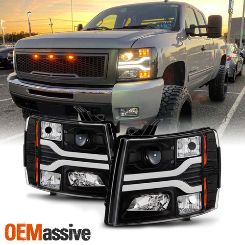 Fits 2007-2013 Chevy Silverado Dual DRL LED Tube Black Projector Headlights