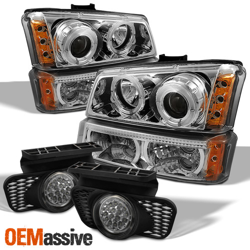 Fit 03-06 Silverado LED Halo Projector Headlights+  Bumper Lights + Fog Lamps