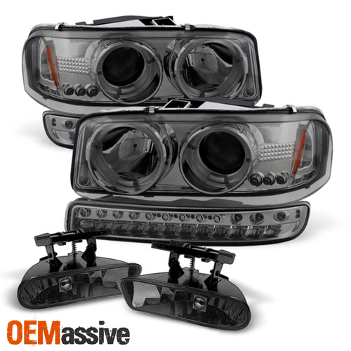 For 99-06 GMC Sierra Yukon Halo LED Projector HeadLights+ Bumper +Fog Lights
