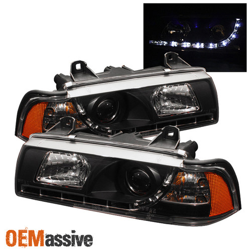 Fits 92-98 BMW E36 3-Series 4Dr JDM Black R8 Style DRL LED Projector Headlights