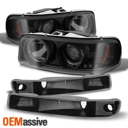 For Black Smoked 00-06 GMC Sierra Yukon Halo Projector Headlight + Bumper Lights