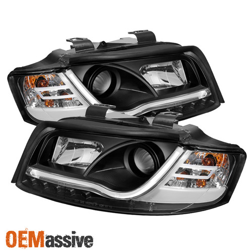 Fits 02-05 A4 S4 LED Tube Projector Black Headlights W/Build-In DRL Running Lamp