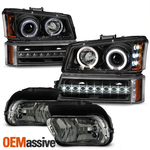 Fits 03-06 Silverado Black LED Halo Head Lights + DRL Signal Lights + Fog Lights