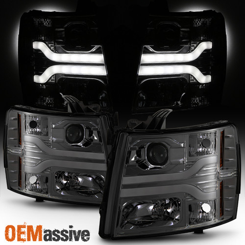 Fits 2007-2013 Chevy Silverado Dual DRL LED Tube Smoked Projector Headlights