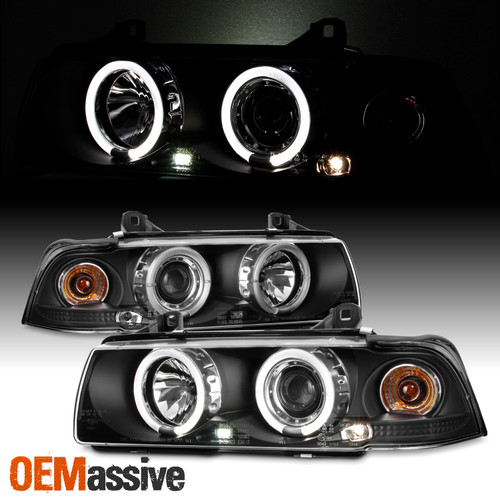 Fits 92-98 E36 3-Series 4Dr Sedan Black Dual Halo Projector LED Headlights Lamps