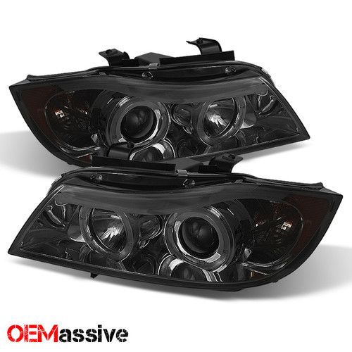 [Eye Lid] Fits 06-08 BMW E90 3-Series Sedan Smoked Halo LED Projector Headlights