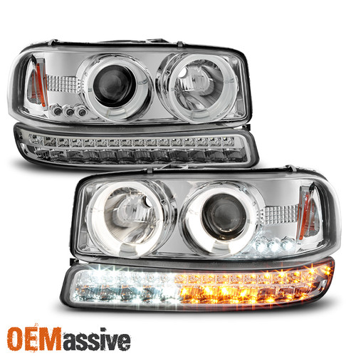 For 1999-2006 GMC Sierra Yukon Halo Projector Head Lamps Pair + LED Signal Lamps