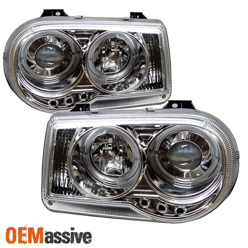 Fits 05-10 Chrysler 300C Chrome Clear Dual Halo Projector LED Headlights Lamps