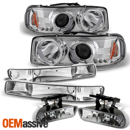 Fits 02-06 Sierra Yukon Clear LED Projcetor Headlights+Bumper Signal+Fog Lights