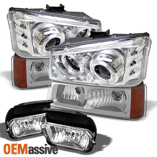 Fits 03-06 Chevy Silverado Halo Projector LED Headlights+Bumper Signal+Fog Lamps