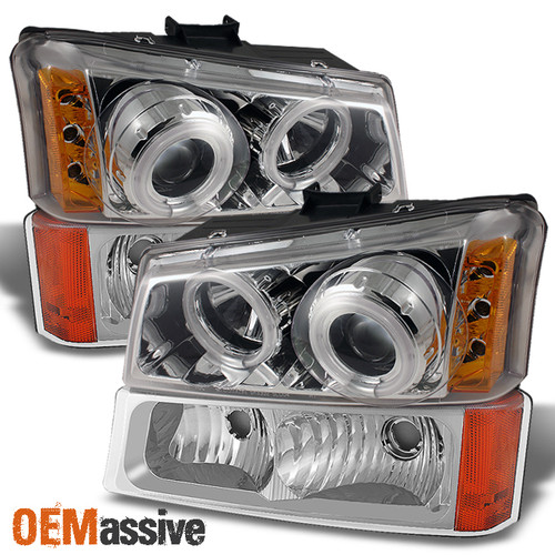 Fits 03-06 Silverado Chrome CCFL Halo Projector LED Headlights+ Bumper Lamps