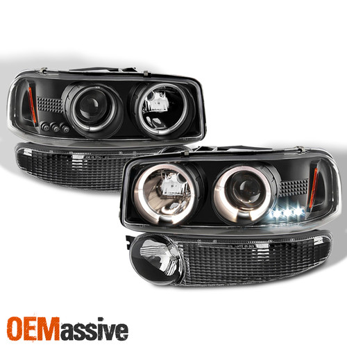 Fits Black 01-06 Sierra Yukon Denali Halo Projector LED Headlights+Bumper Corner