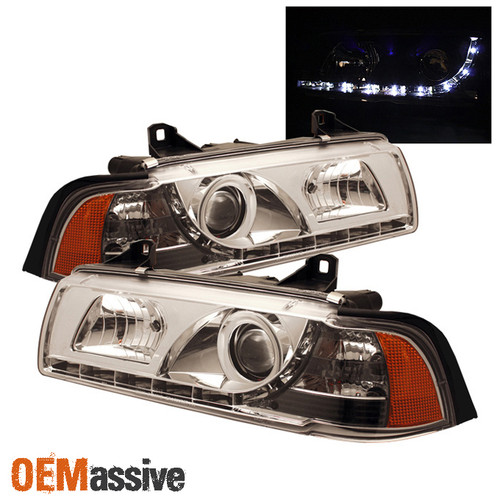 Fits 92-98 BMW E36 3-Series 2Dr Euro R8 Style DRL LED Strip Projector Headlights