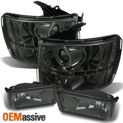 Fits Smoked 07-13 Silverado Halo Projector LED Headlights +Fog Lights W/Bulbs
